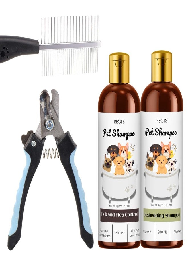 مجموعة ريجيس للعناية بالحيوانات الأليفة، شامبو للكلاب مع مكافحة القراد والبراغيث، شامبو لإزالة الشعر الزائد، مقص أظافر، مشط لجميع أنواع الحيوانات الأليفة، 200 مل، مجموعة من 4 قطع - Image 1